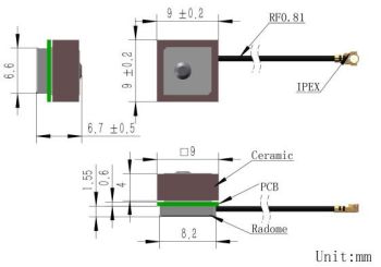 GPS Antenna -5 cm cable - Ipex/f ( Bulkhead) con. - 9*9*4 mm