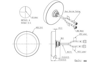 GPS+WIFI(2.4~5GHz) Combo Antenna, RG174/3M, SMA Male, Screw mounting